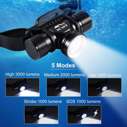 Rechargeable Diving Headlamp, IP68 Waterproof